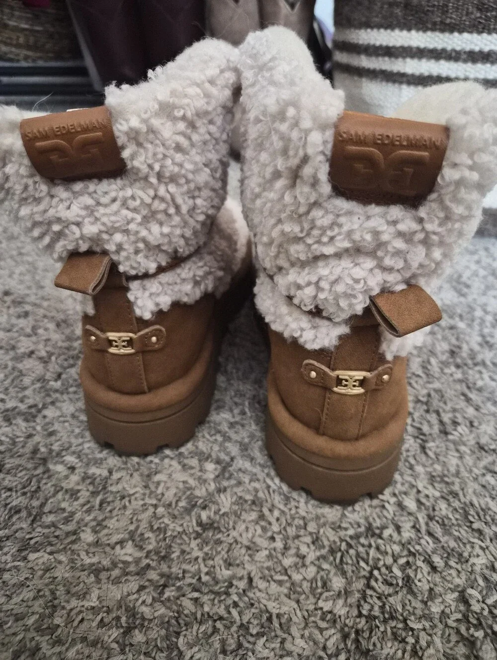 Sam Edelman Shearling-Trim Women’s Ankle Boots in Cream and Brown